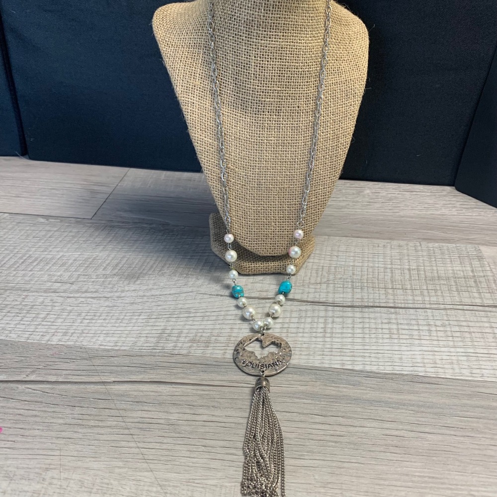 Louisiana State Pendant Tassel Necklace Silver Tone Faux Pearl Turquoise 26in